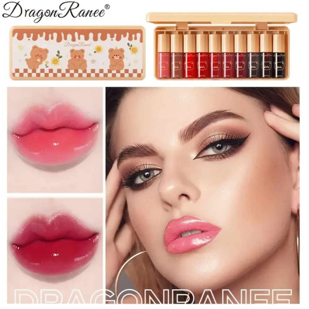 🆕️DRAGONRANEE MINI LIPGLOSS/LIP TINT SET OF 10 IN ADORABLE 🧸TEDDY🧸BOX *Y2K*